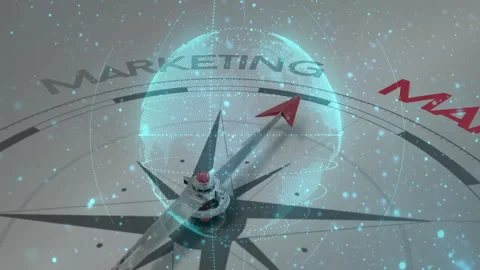 Metallic compass rose being animated in flat design, floating digital globe and Stock Footage 309112599