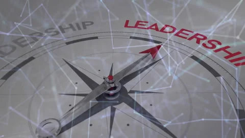 Metallic compass rose needle pointing toward Leadership, network lines linking Stock Footage 309034255
