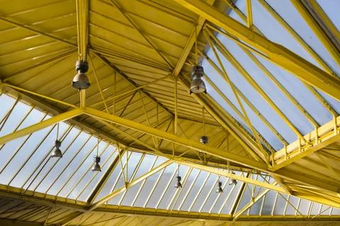 Metallic construction of ceiling and beam in factory and industrial building Stock Photos