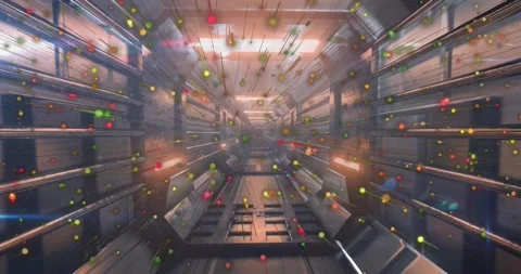 Metallic corridor and particle cloud starting with glowing dots, forming streaks Stock Footage 321700162
