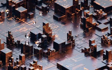 Metallic cube circuit board, 3d rendering. Stock Illustration