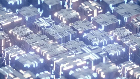 Metallic cubes with illuminating elements seamless loop 3D render animation Stock Footage 106722027