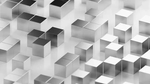 Metallic cubes on a white surface. 3D rendering illustration. Stock Illustration