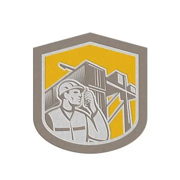 Metallic dock worker on phone container yard shield Illustrazione stock