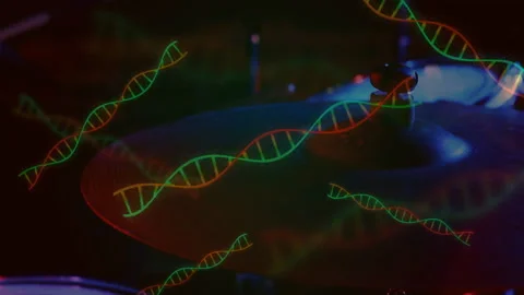 Metallic drum cymbal glowing in 3D render while floating DNA helices weaving Stock Footage 307800807