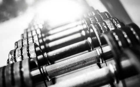 Metallic dumbbells in a row Stock Photos