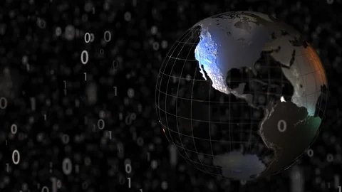 Metallic Earth globe model and falling binary computer code symbols. Alpha matte Stock Footage 94712425