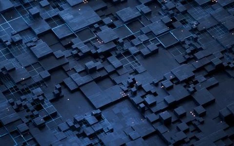 Metallic electronic cube circuit board, 3d rendering. Stock Illustration