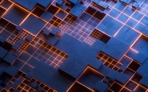 Metallic electronic cube circuit board, 3d rendering. Illustrazione stock