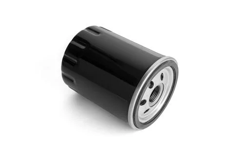 Metallic Engine oil filter isolated on white background. Car spare part 스톡 사진