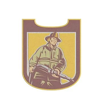 Metallic fireman firefighter aiming fire hose shield retro Stock Illustration