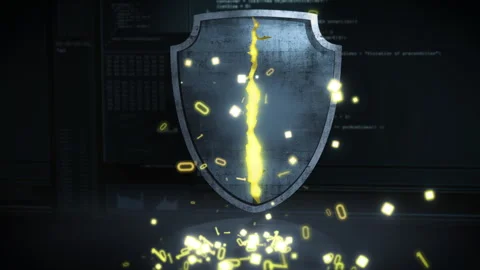 Metallic firewall shield split by a glowing breach line with escaping data Stock Footage 328703967