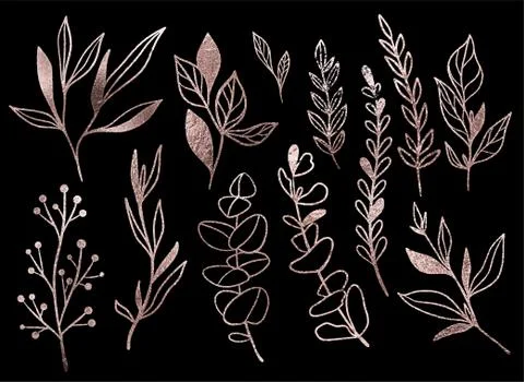 Metallic floral elements on the black background, hand drawn Stock Illustration