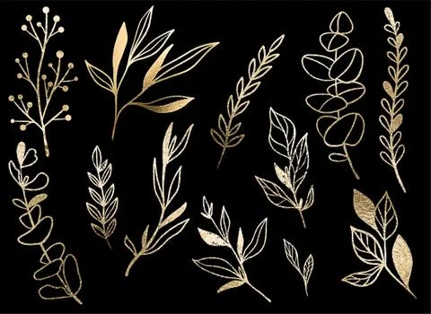 Metallic floral elements on the black background, hand drawn Stock Illustration
