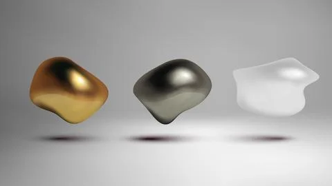Metallic fluid shape. 3d liquid bubbles set. Illustrazione stock