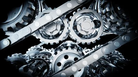Metallic gears and chains rotating on black background Stock Illustration