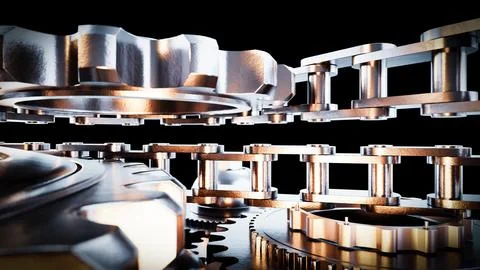 Metallic gears and chains rotating on black background Stock Illustration