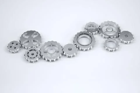 Metallic gears and cogs are forming serpentine wave in 3D render on white Stock Illustration