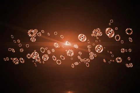 Metallic gears are floating in abstract digital 3D render with warm lens flare Stock Illustration