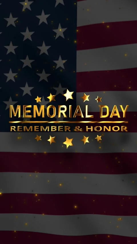 Metallic Gold Memorial Day Text on American Flag Background Stock Footage 334874231