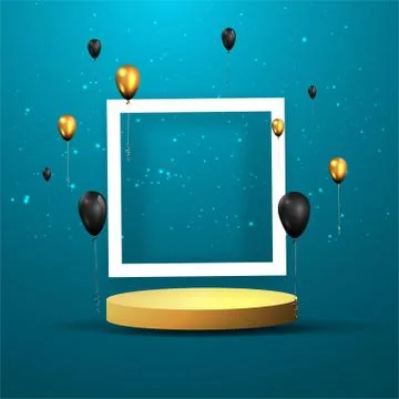 Metallic golden frame with floating geometrical forms, round platform, realis Illustrazione stock