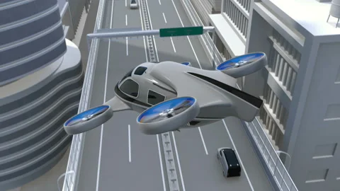 Metallic gray Passenger Drone Taxi landing on a rooftop helipad Stock Footage