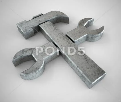 Metallic hammer and wrench symbol - 3d illustration Stock Illustration