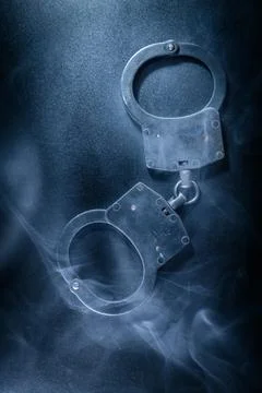 Metallic handcuffs resting on a dark surface, surrounded by swirling smoke,.. Foto stock