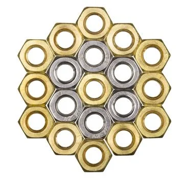 Metallic hex nuts layed out in a hexagonal pattern isolated on white backgrou Stock Photos