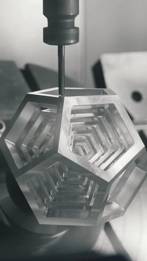 Metallic hexagonal object being machined with precision tools in a workshop Stock Footage 336245299