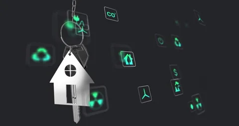 Metallic house keychain with key floating in dark gradient, showing neon green Stock Footage 309255168