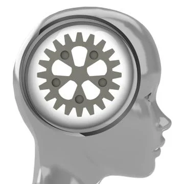 Metallic human head with brain cloud with cogwheel inside illustration Illustrazione stock