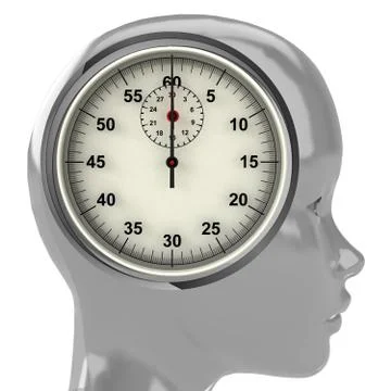 Metallic human head with brain cloud with time clock inside illustration Stock Illustration