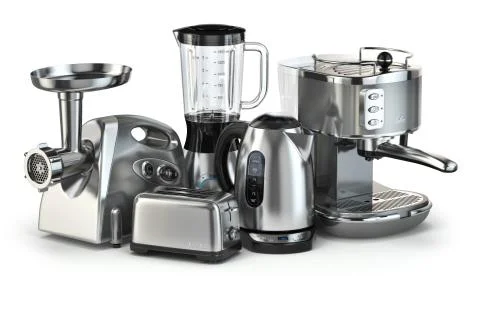 Metallic kitchen appliances. Blender, toaster, coffee machine, meat ginder an Stock Illustration