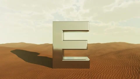 Metallic letter e standing in the desert, different perspectives Stock Footage 310793331