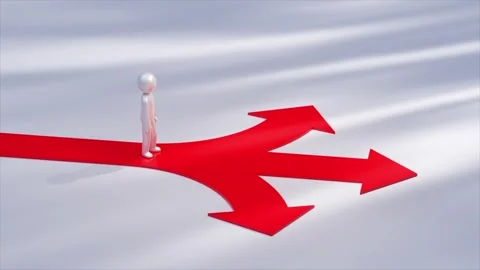 Metallic mannequin is walking on a red path that splits into three red arrows Stock Footage 306057790