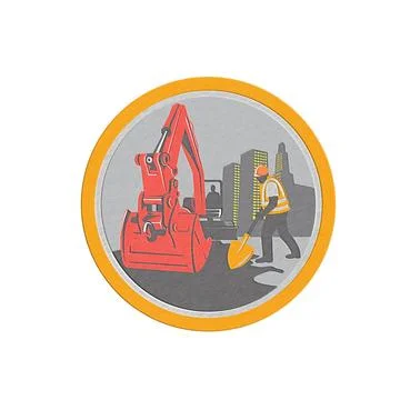 Metallic Mechanical Digger Construction Worker Circle Metallic styled illu... Stock Photos