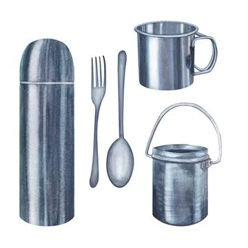 Metallic mug, bucket, spoon, fork, thermos. Steel cup, cauldron, travel mug Stock Illustration