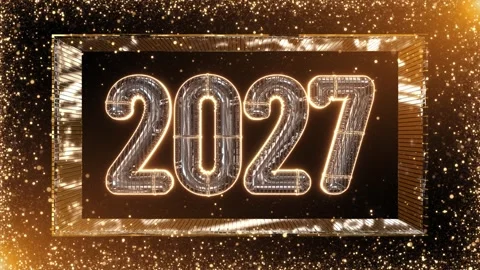 Metallic New Year 2027 Typography with Gold Particle Border Stock Footage 342632944