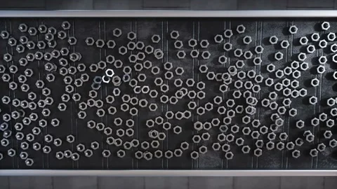 Metallic nut process production. Factory, production line. Realistic 4k Видео 265360307