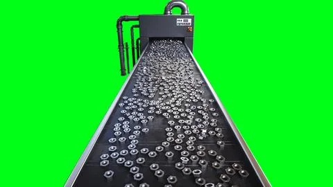 Metallic nut process production. Factory, production line. 3d rendering. Stock Illustration