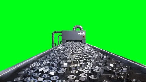 Metallic nut process production. Factory, production line. 3d rendering. Stock Illustration