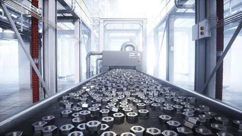 Metallic nut process production. Factory, production line. 3d rendering. Stock Illustration