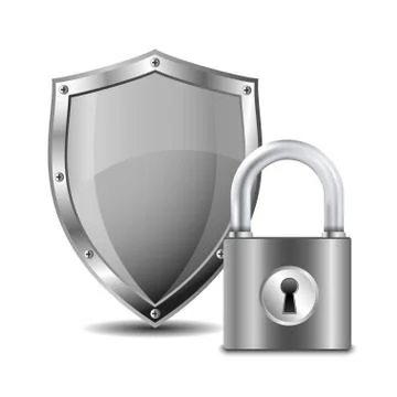 Metallic padlock and shield Stock Illustration