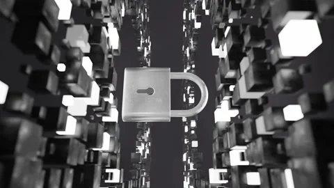 Metallic padlock floating in digital 3D environment made of abstract white Stock Footage 308955905