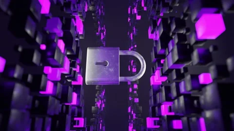 Metallic padlock floating in digital 3D environment made of abstract purple Stock Footage 308955934