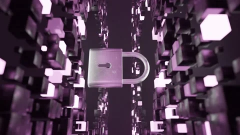 Metallic padlock floating in digital 3D environment made of abstract pink Stock Footage 308956296