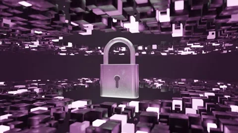 Metallic padlock floating in digital 3D environment made of abstract pink Stock Footage 308958680