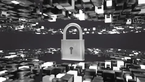 Metallic padlock floating in digital 3D environment made of abstract white Stock Footage 308960434