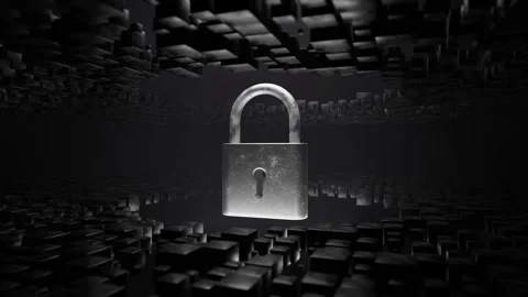 Metallic padlock floating in digital 3D environment made of abstract black Stock Footage 308960444